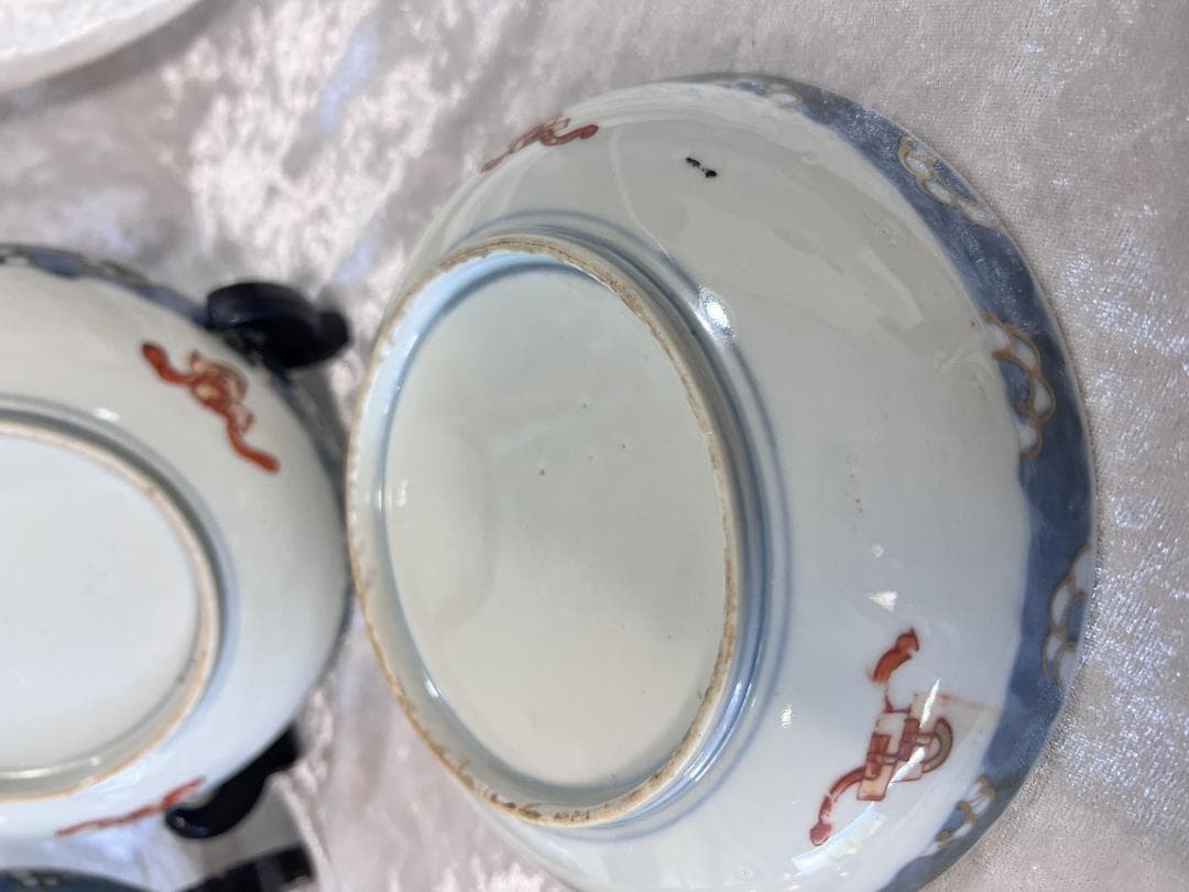 金彩色絵蝶と紫陽花紋５寸皿　伊万里焼　明治　５枚組