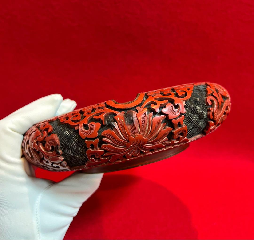 中国美術 古玩 堆朱 剔紅 漆彫 龍紋樣 寶相花紋樣 煙皿 置物