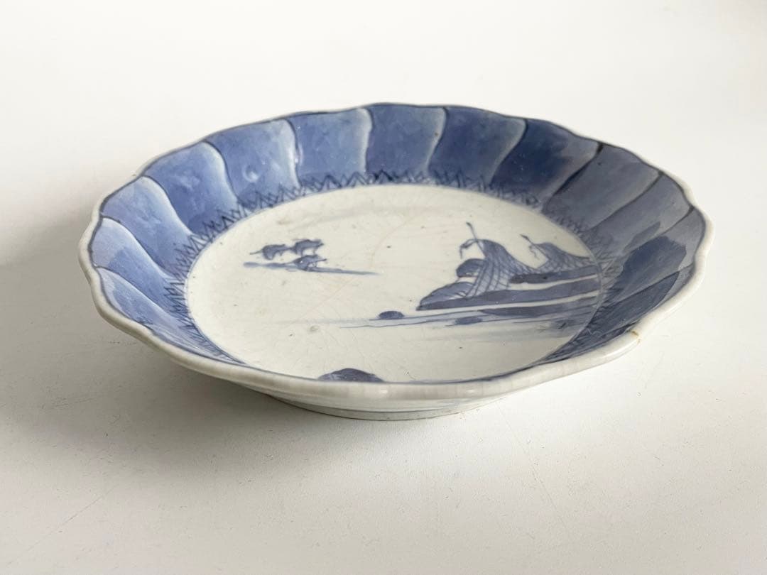 骨董　アンティーク　藍九谷　網干　船文様　輪花皿　小皿　五寸皿　誉印　古伊万里