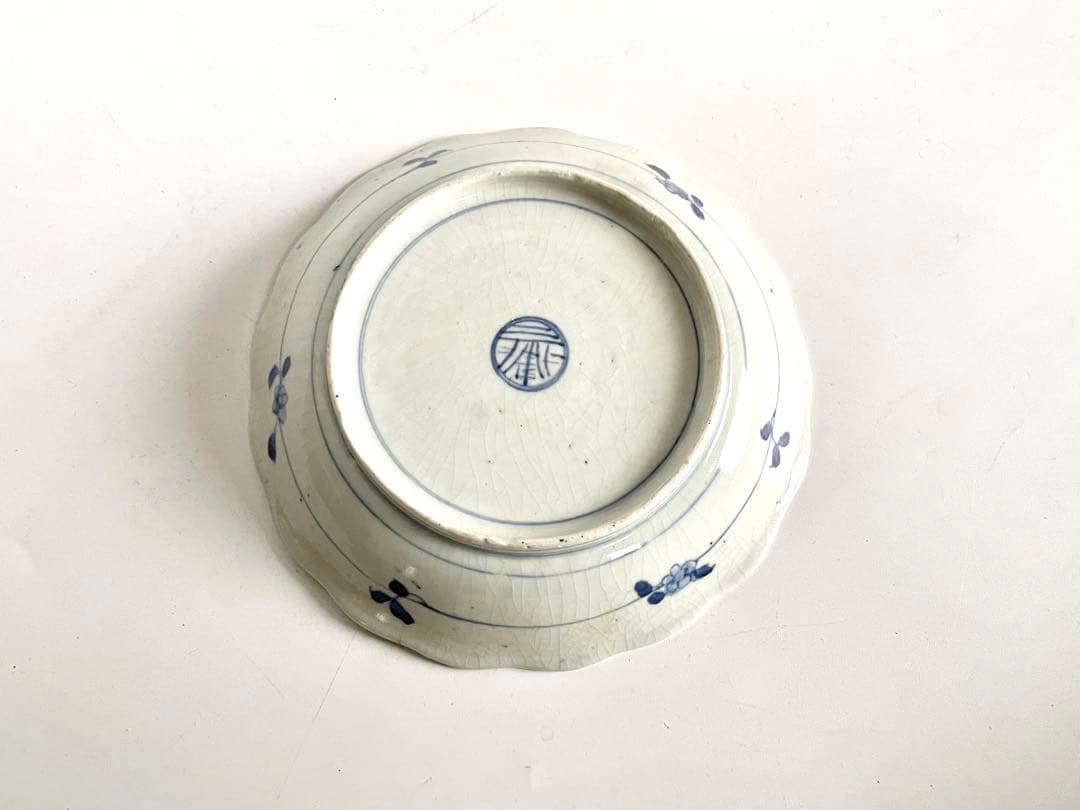 骨董　アンティーク　藍九谷　網干　船文様　輪花皿　小皿　五寸皿　誉印　古伊万里