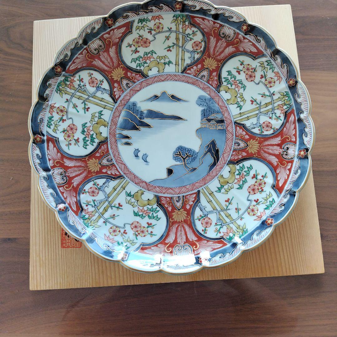 肥前の器青赤花柄波型皿