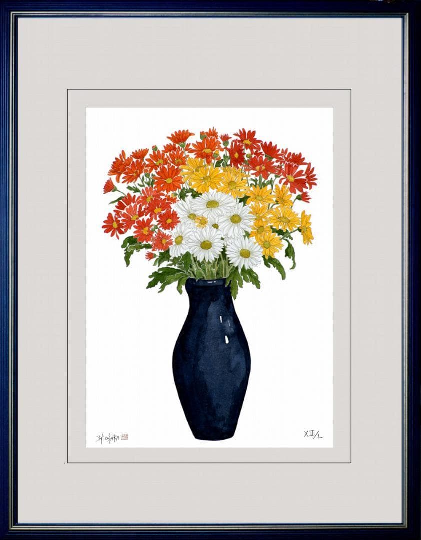 国際展作家「青い花瓶の菊」/D・リトグラフ/小原雅夫