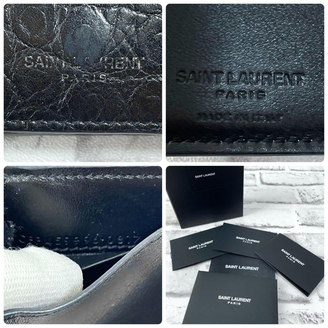 美品✨サンローラン　三つ折り財布　クロコ　金ロゴ　黒　付属品