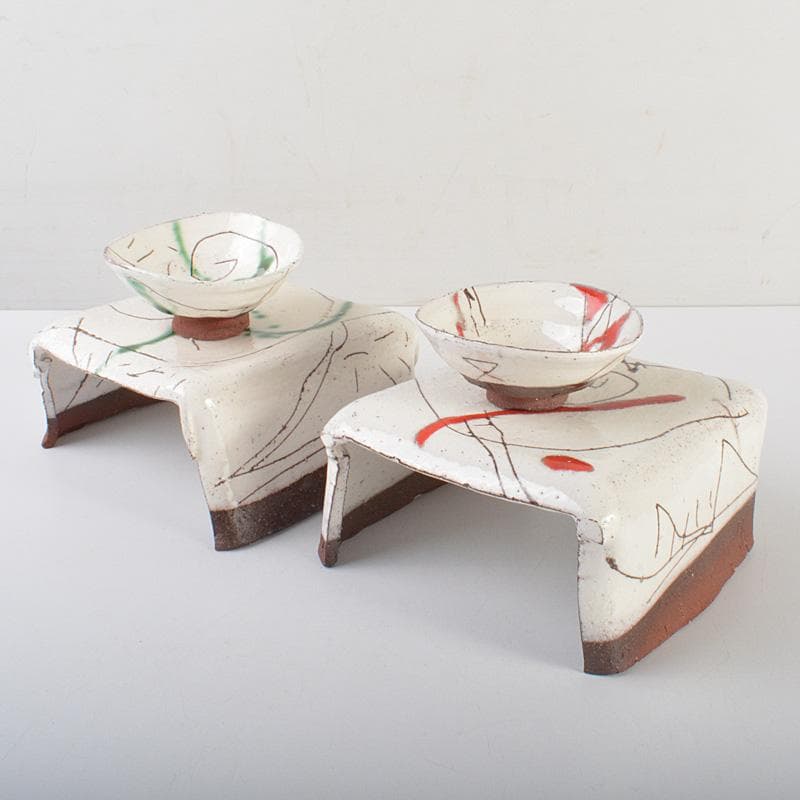 萬古焼　馬酔木窯　森正造　色絵　盃卓　一對　共箱　V　R7428