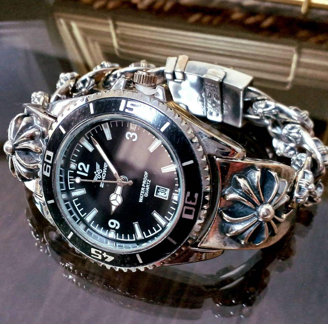 ZHOWE 黒サブ系 プラスクロス IDブレスレット 腕時計 チェーンブレス