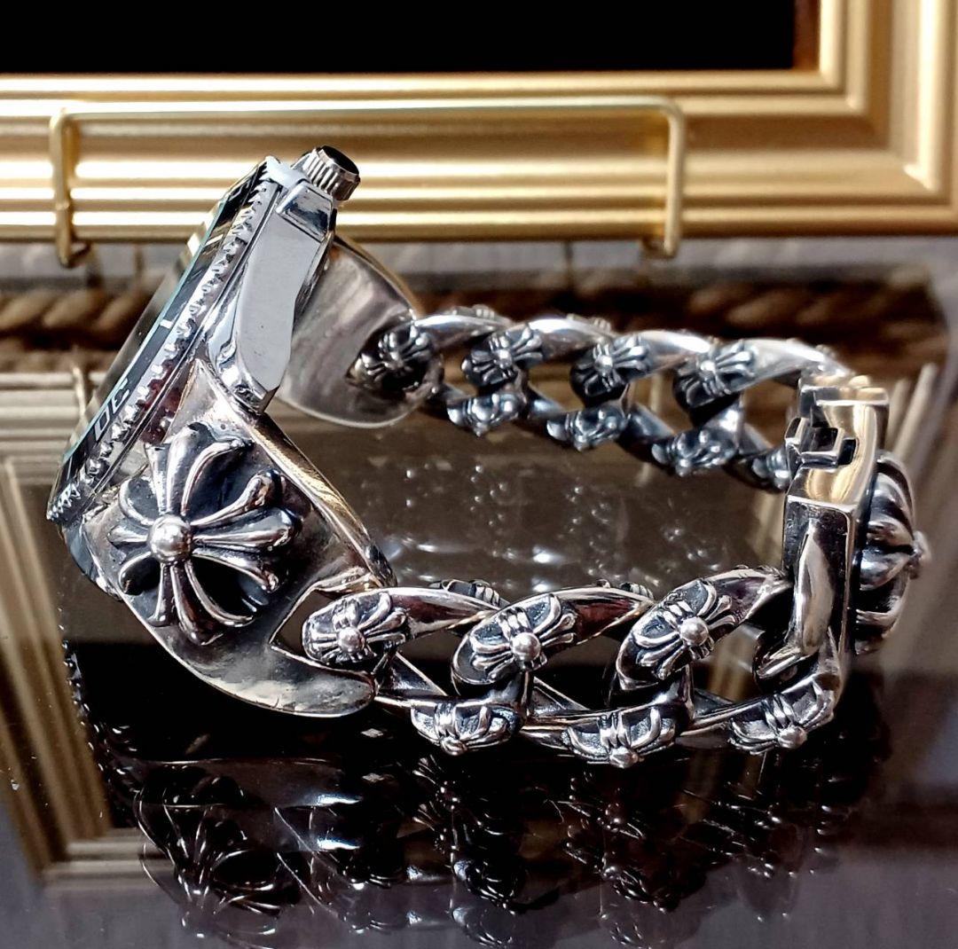 ZHOWE 黒サブ系 プラスクロス IDブレスレット 腕時計 チェーンブレス