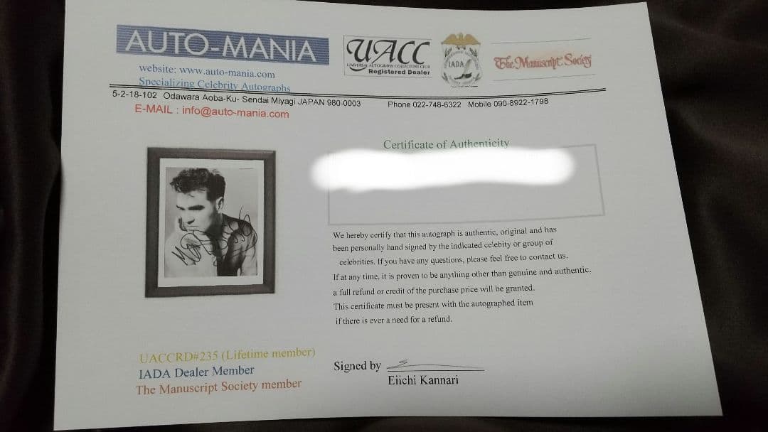 モリッシー　Morrissey サイン入り写真