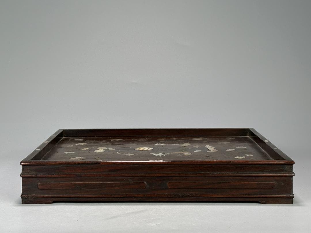 中国美術　清時代 花梨木　螺鈿嵌　双龍文　茶盤　引き出し付　書斎道具　李朝螺鈿