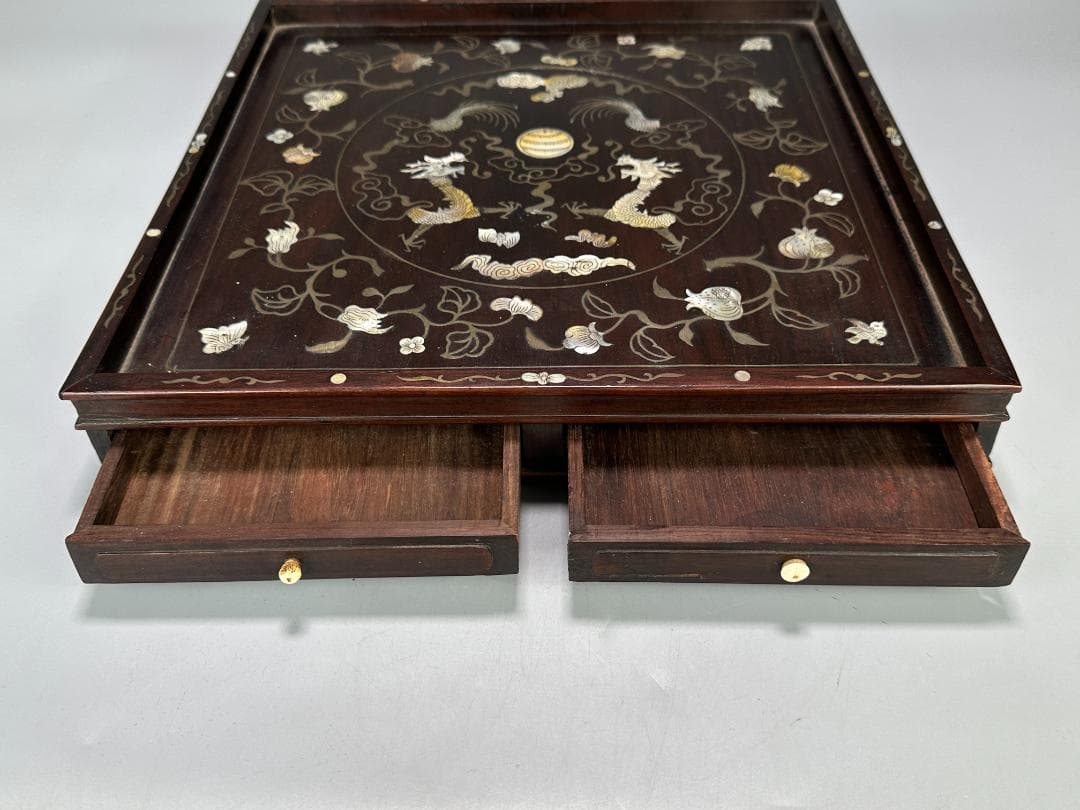 中国美術　清時代 花梨木　螺鈿嵌　双龍文　茶盤　引き出し付　書斎道具　李朝螺鈿