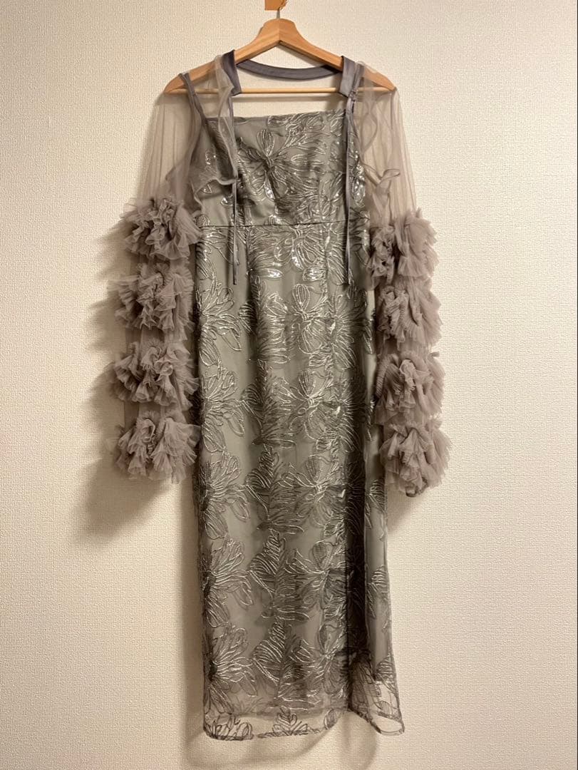 Leja フリルチュールスリーブリボン ラインワンピースドレス Sサイズ