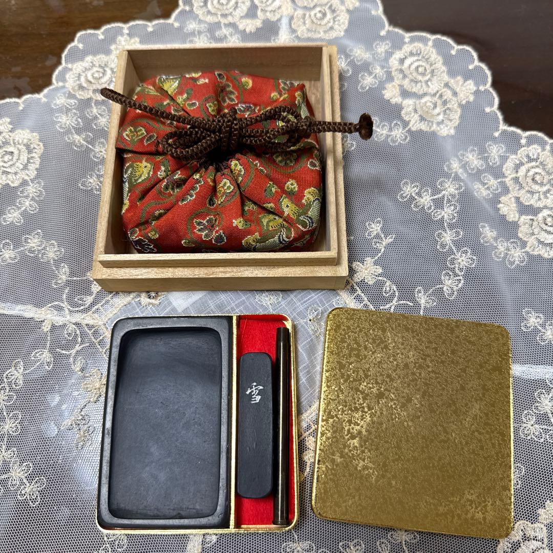 木製 硯箱 筆付き 和風デザイン