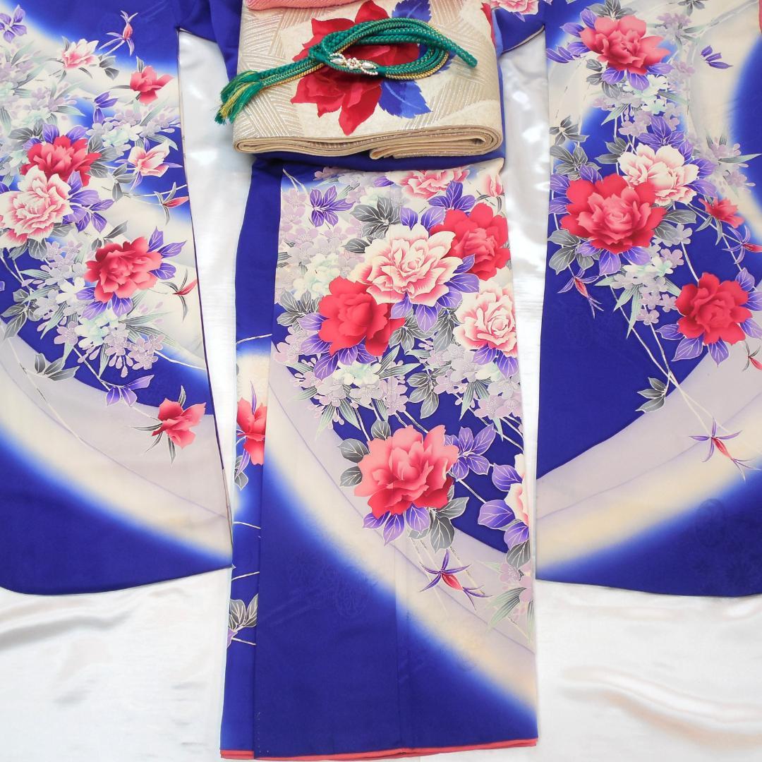 美品★振袖フルセット　振袖　正絹　成人式　Mサイズ　ブルー　青　花柄　バラ