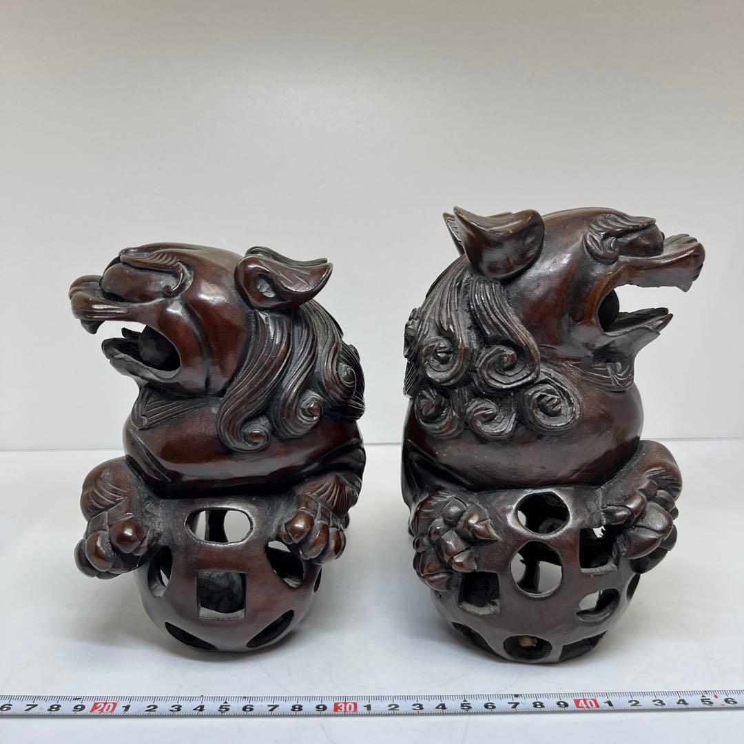 木彫 大振獅子 一対 1757g 東キ7-1218①