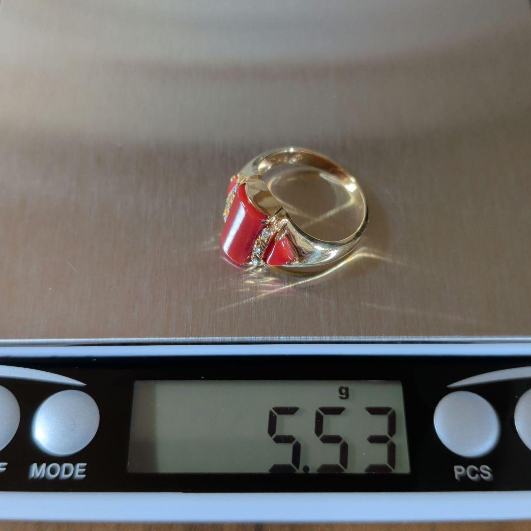 リング　K18　YG　珊瑚　ダイヤモンド計0.04ct　三越　5.53g