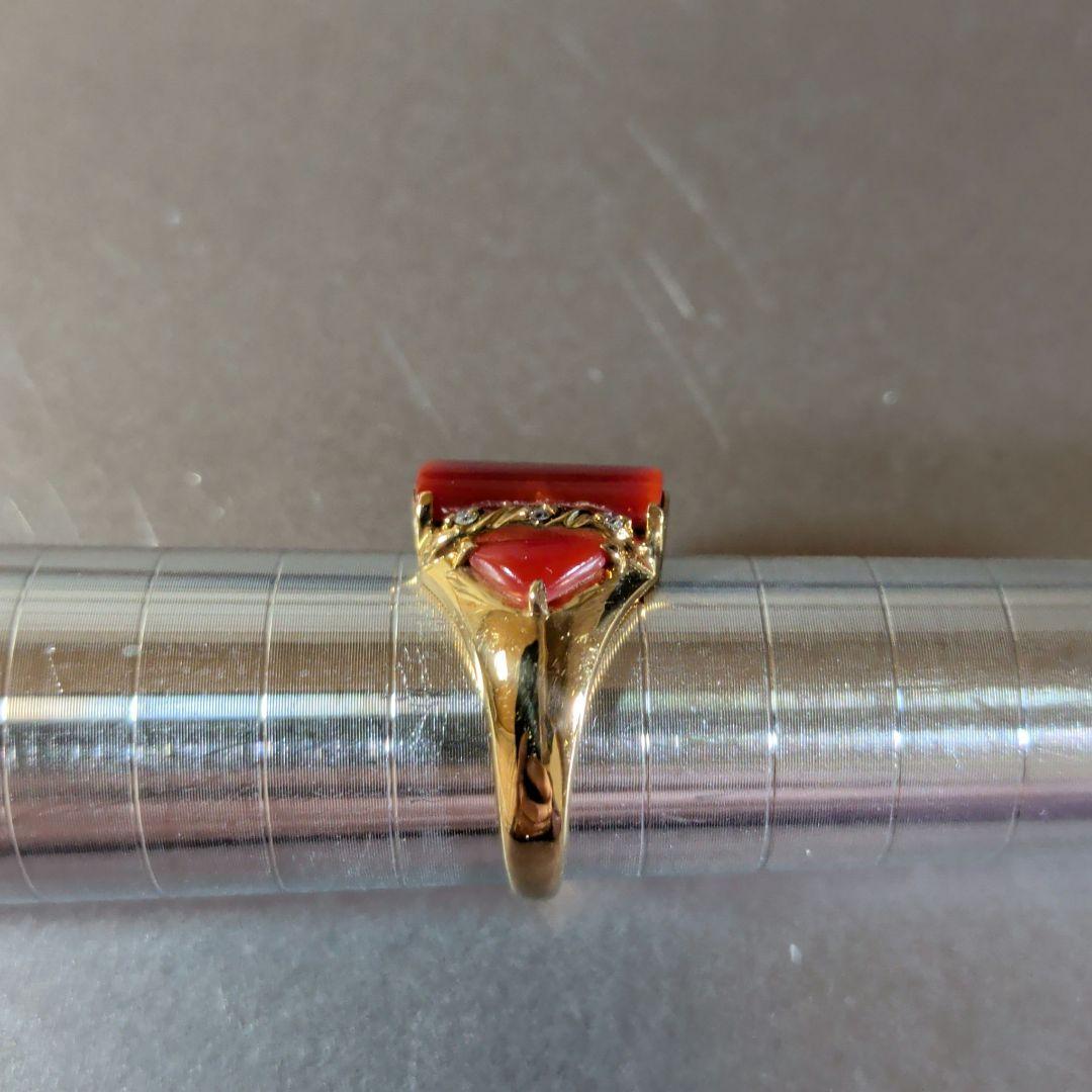 リング　K18　YG　珊瑚　ダイヤモンド計0.04ct　三越　5.53g