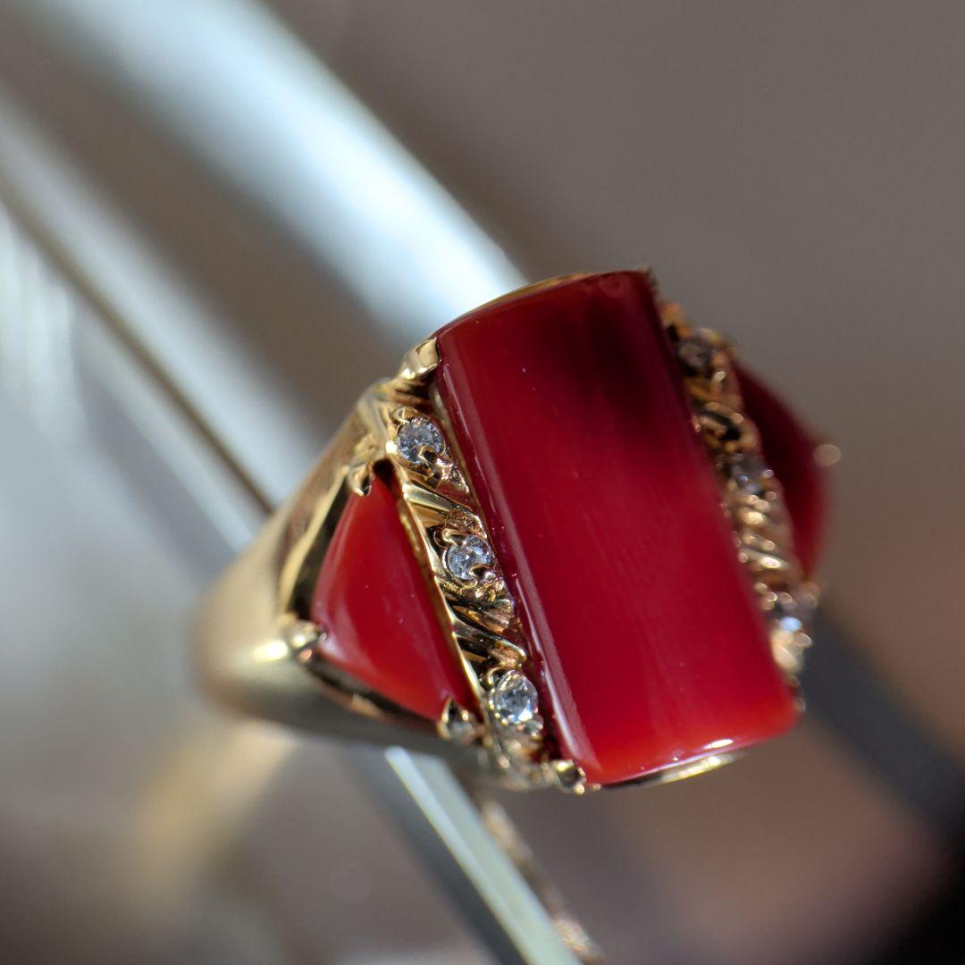 リング　K18　YG　珊瑚　ダイヤモンド計0.04ct　三越　5.53g