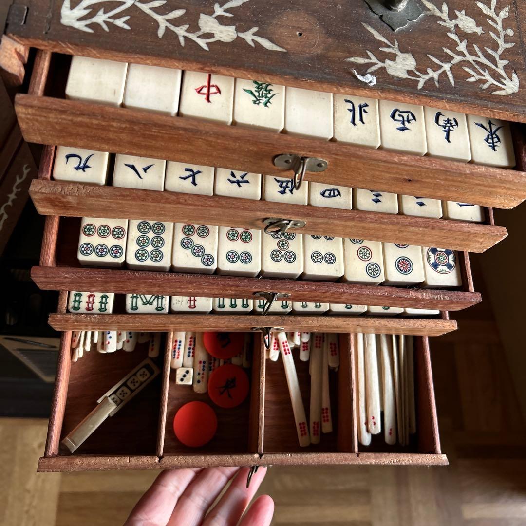 アンティーク麻雀牌セット 木製収納ケース付き