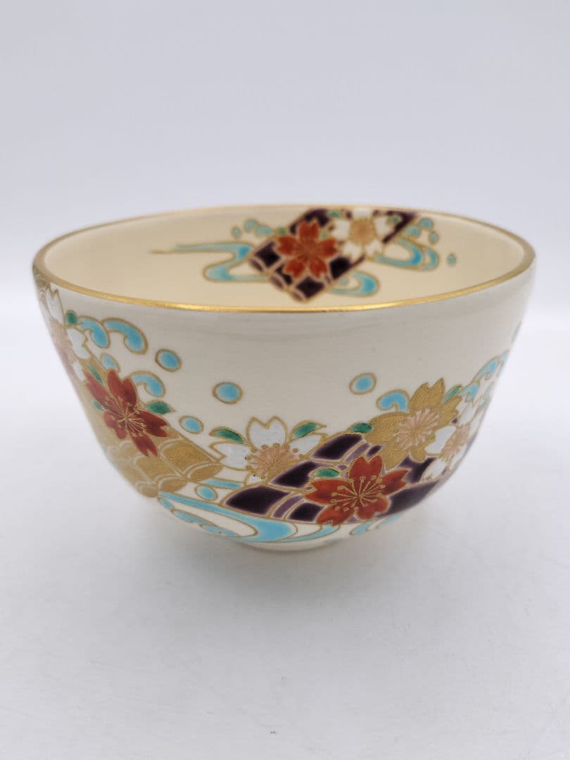c165【未使用】茶碗 色絵 花筏 杣山焼 南口閑粋 木箱 茶道具 NI12