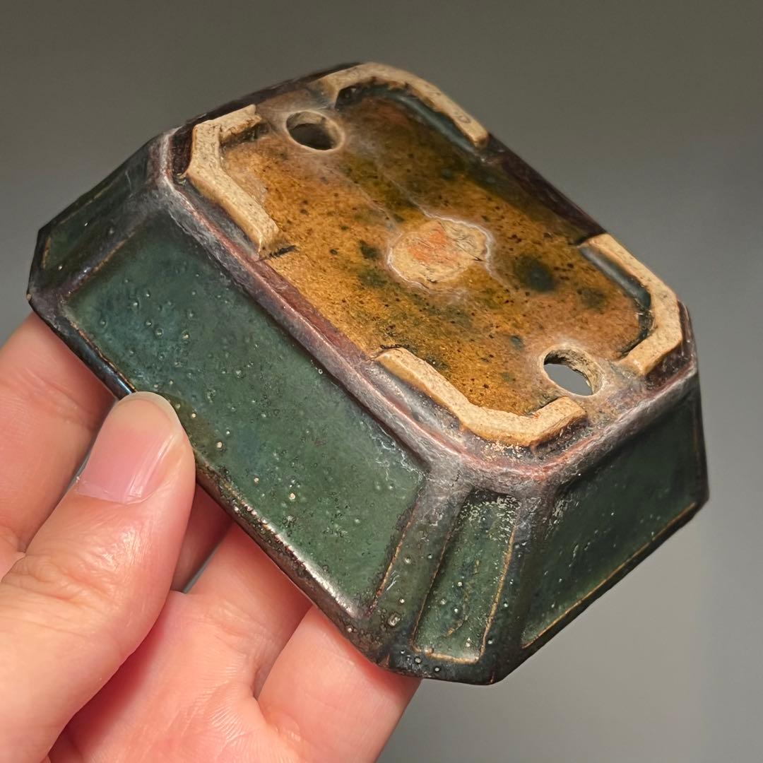 802.夢陶 緑釉额入切角長方 盆栽鉢 植木鉢 9.5*7.8*3cm