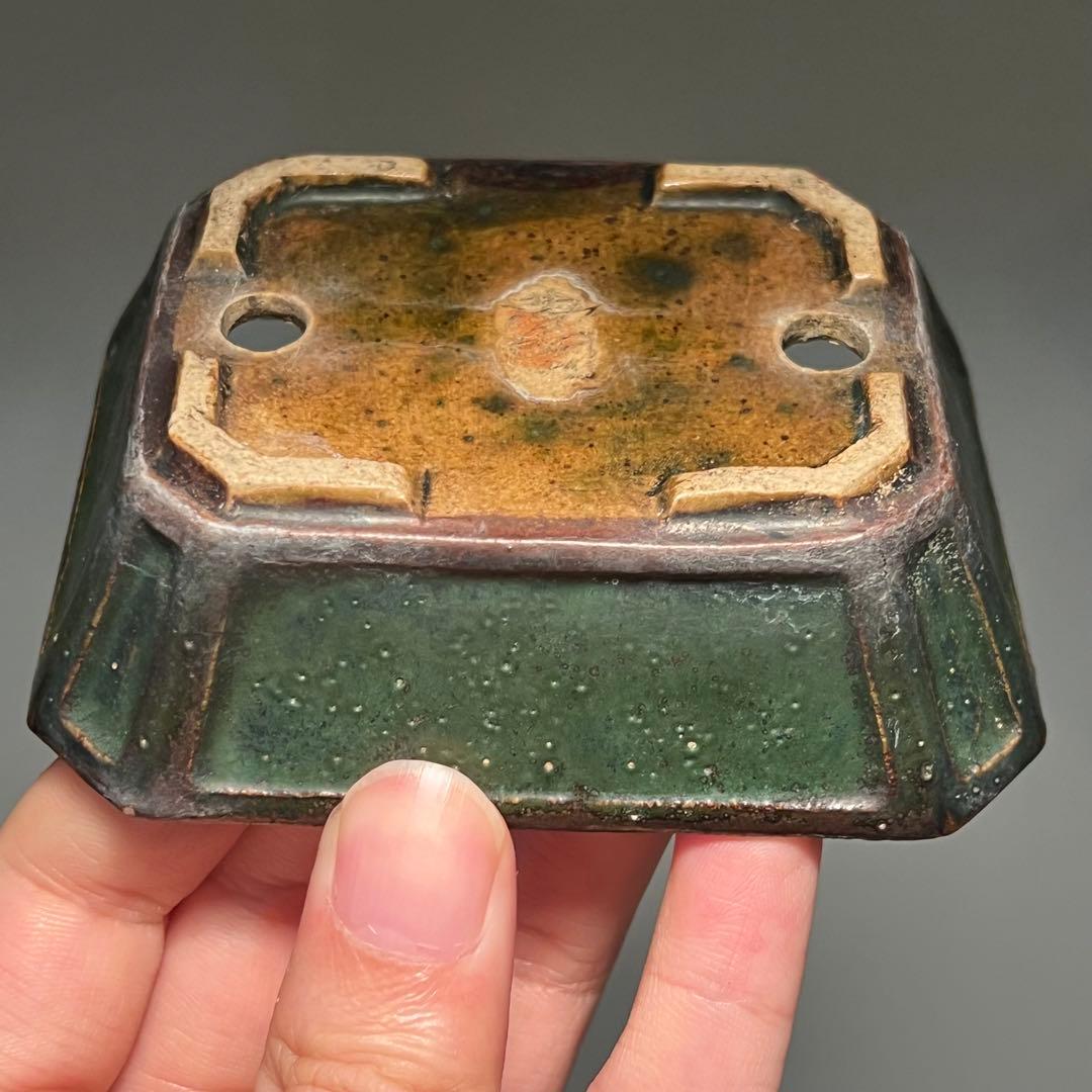 802.夢陶 緑釉额入切角長方 盆栽鉢 植木鉢 9.5*7.8*3cm