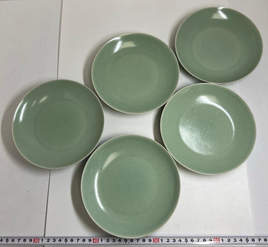 中国美術　大清乾隆年製　青磁中皿5枚　木箱付　約16.7㎝東Y8-0113☆2F