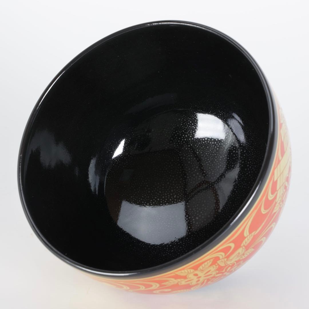 七代 高橋道八 黒釉金襴花筏茶碗 共箱付 京焼 茶道具 抹茶碗 古美術品 骨董品