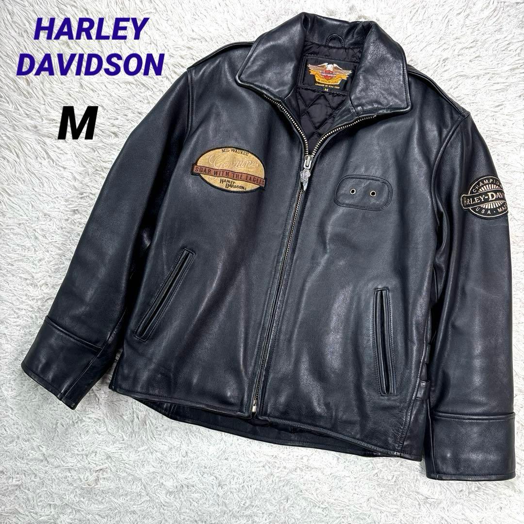 ハーレーダビットソン　レザージャケット　シングル　ライダース　ワッペン　刺繍　黒