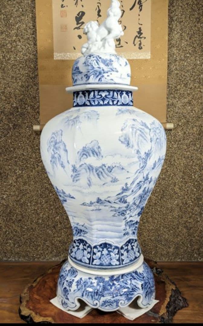 未使用　有田焼　沈香壺　染付　神右衛門作　総手描　特大八角壺　山水絵 三段飾り壷