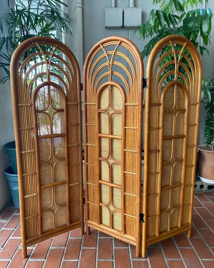 ラタン ラタン 籐 3連パーテーション 衝立 間仕切り 昭和レトロ ビンテージ