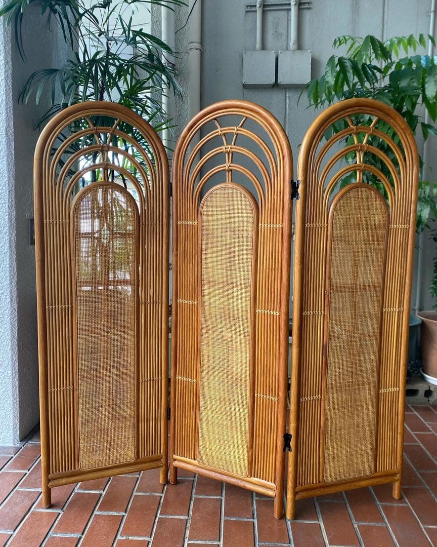 ラタン ラタン 籐 3連パーテーション 衝立 間仕切り 昭和レトロ ビンテージ