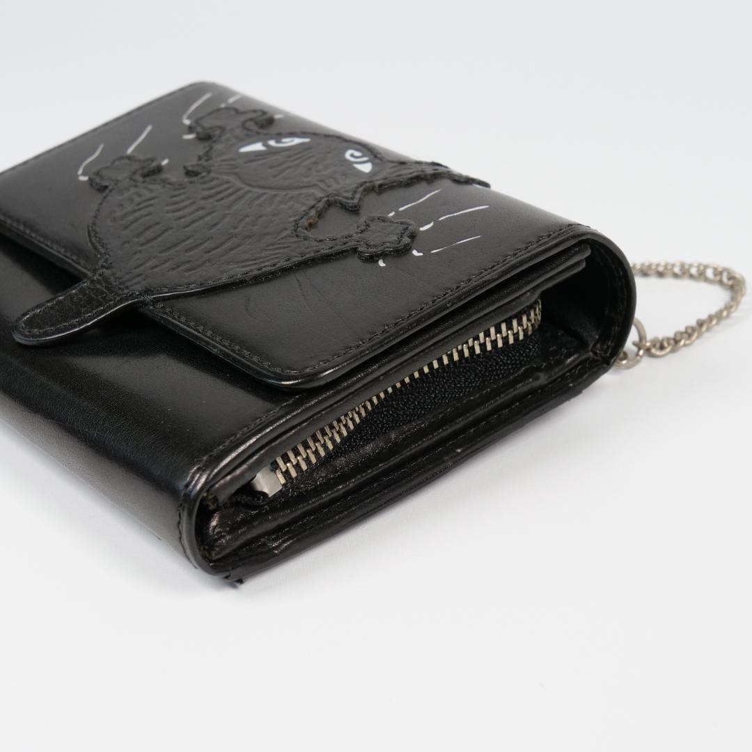 良品✨ わちふぃーるど ダヤン 本革 二つ折り財布 ブラック 刺繍 チェーン付