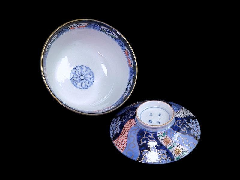 古伊万里　染錦　捻り紋　花の図　蓋茶碗　江戸期　E545AS-CIp