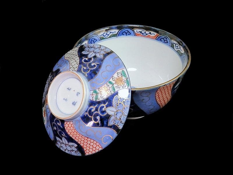 古伊万里　染錦　捻り紋　花の図　蓋茶碗　江戸期　E545AS-CIp