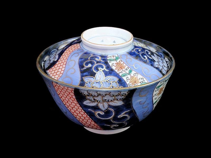 古伊万里　染錦　捻り紋　花の図　蓋茶碗　江戸期　E545AS-CIp