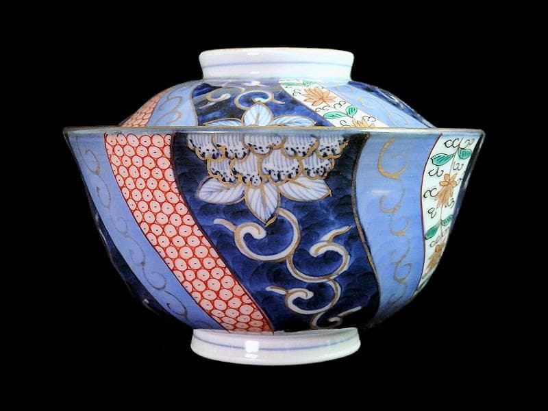 古伊万里　染錦　捻り紋　花の図　蓋茶碗　江戸期　E545AS-CIp