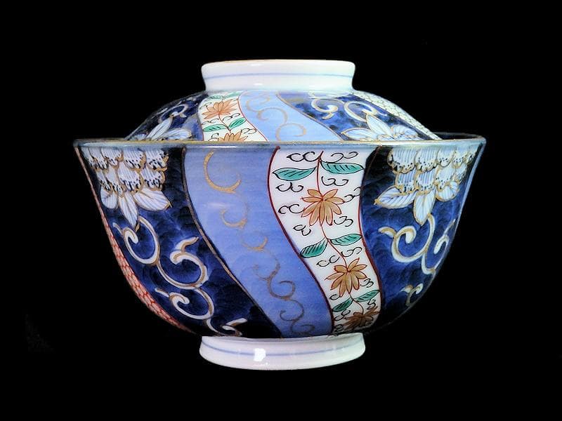 古伊万里　染錦　捻り紋　花の図　蓋茶碗　江戸期　E545AS-CIp