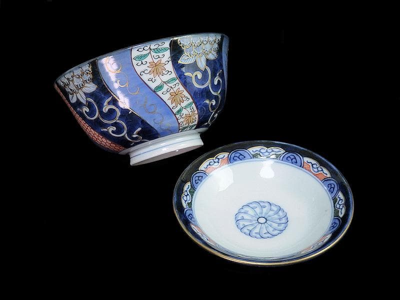 古伊万里　染錦　捻り紋　花の図　蓋茶碗　江戸期　E545AS-CIp