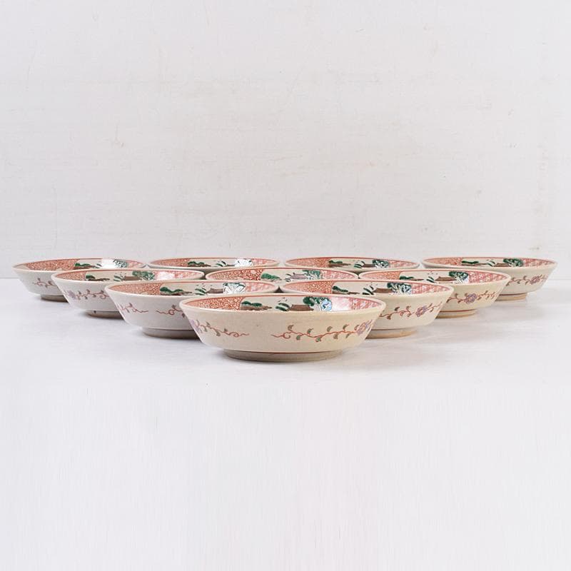 萬古焼　陶華園造　色絵　窓絵　山水人物花文　小皿　十客　共箱　M　R8897