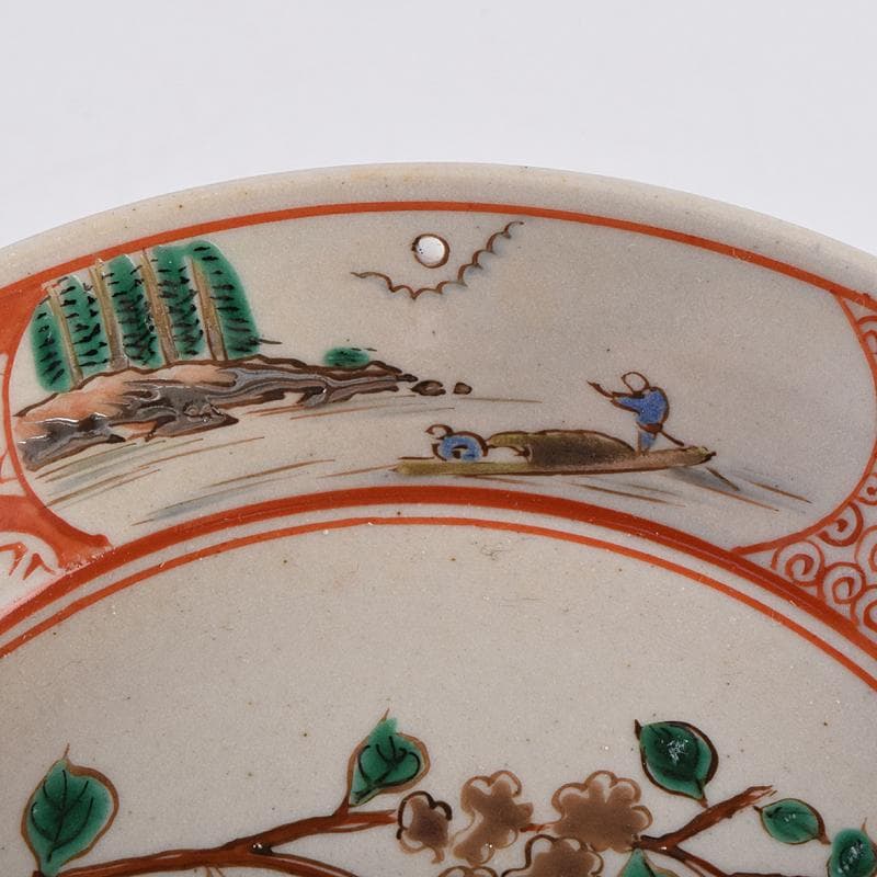 萬古焼　陶華園造　色絵　窓絵　山水人物花文　小皿　十客　共箱　M　R8897