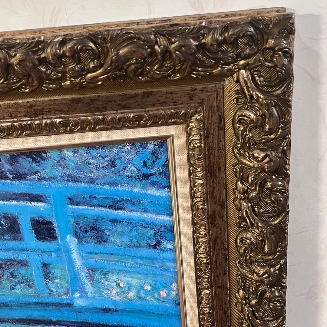 【手描きアクリル画】モネ 睡蓮の池 日本の橋　大型インテリア絵画 額装