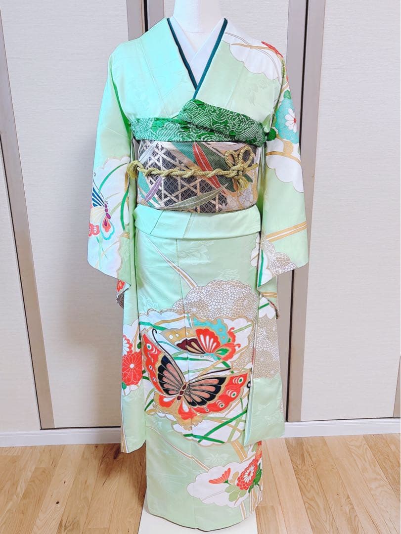洗える振袖　セット　裄65 M L 帯　緑　ミント　蝶々　菊