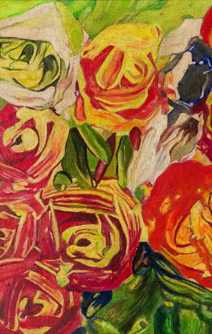 野間仁根　油彩　肉筆『薔薇』表と裏サイン　藤田画廊販売　P6号　額装　b839