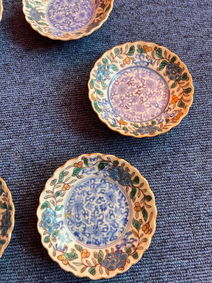 1036 中国　骨董　太明成化年製刻印付き　染付輪花　皿　6客　時代物