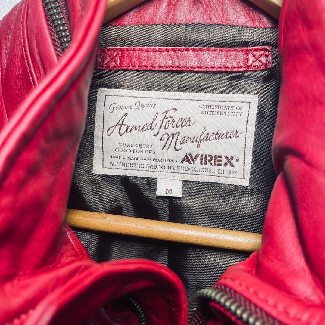 【美品】AVIREX 本革レザージャケット 赤 M スタンドカラー ライダース