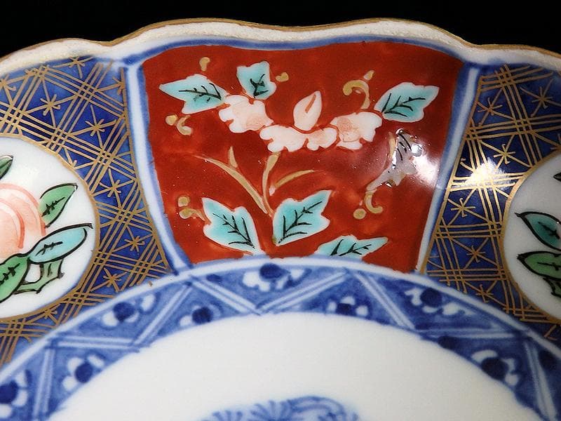 古伊万里　色絵　桃に花の図　膾皿　５客　N1556AS-CAw