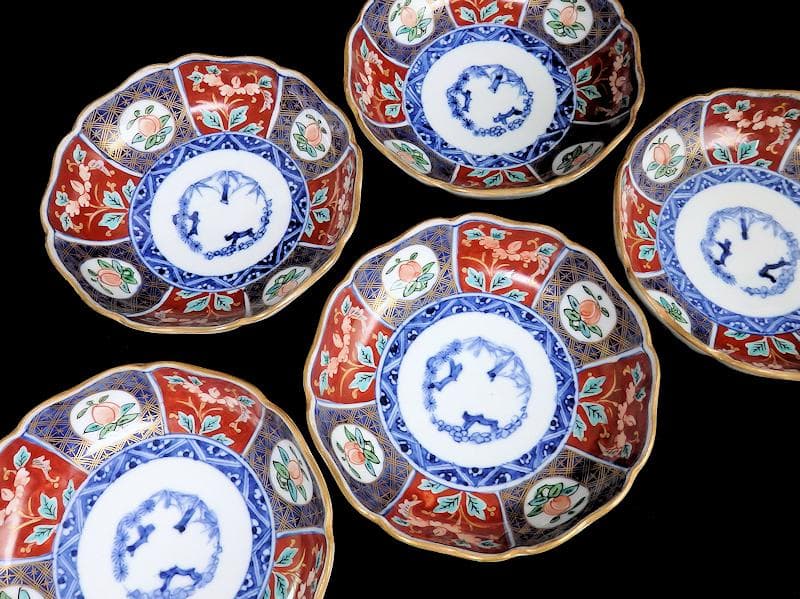 古伊万里　色絵　桃に花の図　膾皿　５客　N1556AS-CAw