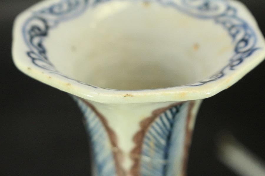 中国美術 青花紅 蓮花紋 八方瓶(A817)