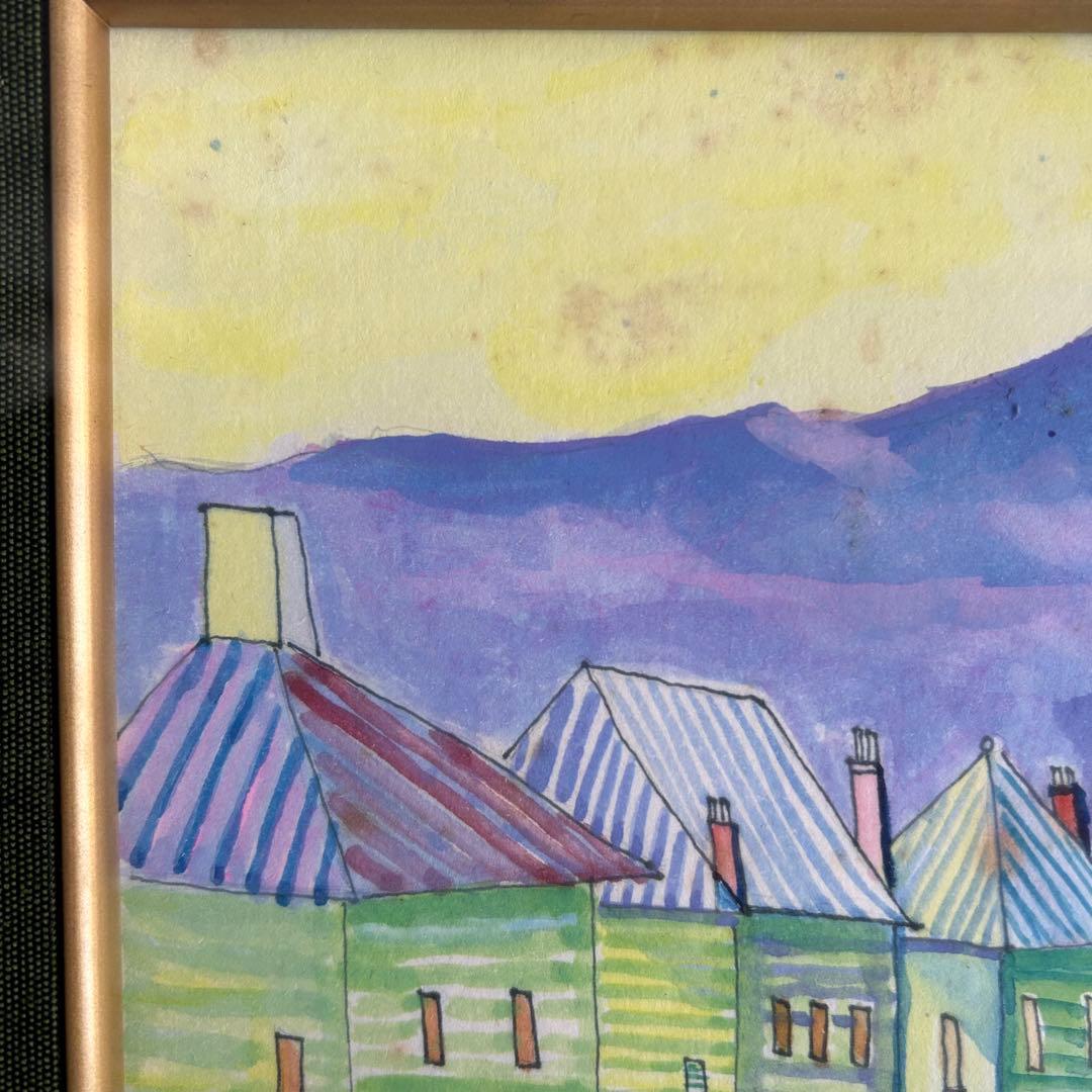 在銘 水彩画 街並みと山の風景
