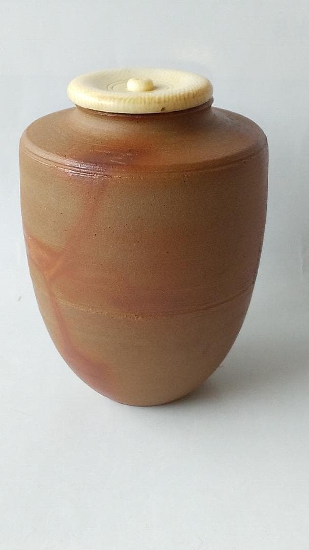 備前焼 火襷茶入 木村陶峰 作 仕覆 鹿文有栖川錦 茶道具 共箱 茶入 美品