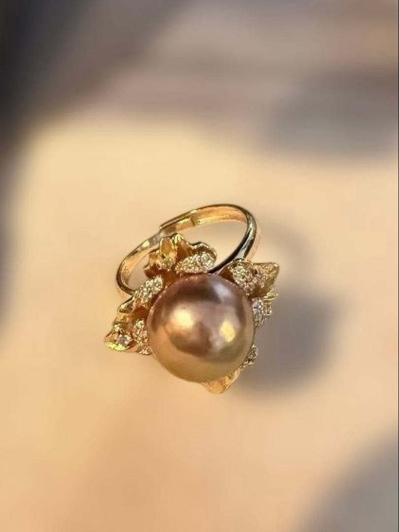 【極光13mm】エジソンパール リング カフェゴールド 18K鍍金 華やか